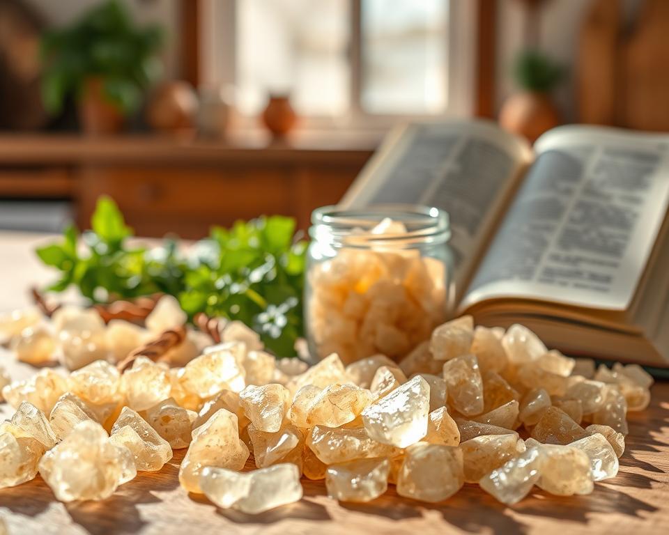 A close-up arrangement of Gond Katira (also known as tragacanth gum) in its natural form, showcasing the translucent, gummy-textured crystals. The foreground features scattered Gond Katira pieces glistening under soft sunlight, highlighting their unique shapes and textures. In the middle ground, a small glass jar filled with Gond Katira is placed beside fresh herbs and an open book about natural ingredients, suggesting a connection to culinary and health uses. The background is a soft blur depicting a rustic kitchen countertop with wooden elements, evoking a warm and inviting atmosphere. The lighting is natural and gentle, illuminating the scene while maintaining a cozy feel, reminiscent of artisan practices and the exploration of nature's offerings.