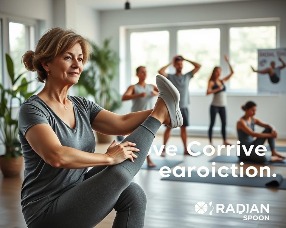 A serene indoor environment showcasing a diverse group of individuals performing improve circulation exercises. In the foreground, a middle-aged woman in modest athletic wear demonstrates a gentle stretching exercise, focusing on her legs; her expression is calm and focused. Beside her, a young man is doing a seated leg lift, showcasing proper form. In the middle area, a diverse group engages in various low-impact movements, such as arm circles and ankle rotations, all in neutral-colored workout attire. The background features a softly lit room with large windows allowing natural light to flood in, plants to add a touch of nature, and exercise mats neatly arranged on the floor. The mood is motivational and supportive, encapsulating a community atmosphere. Radiant Spoon branding is subtly incorporated into the environment, perhaps on a wall poster.