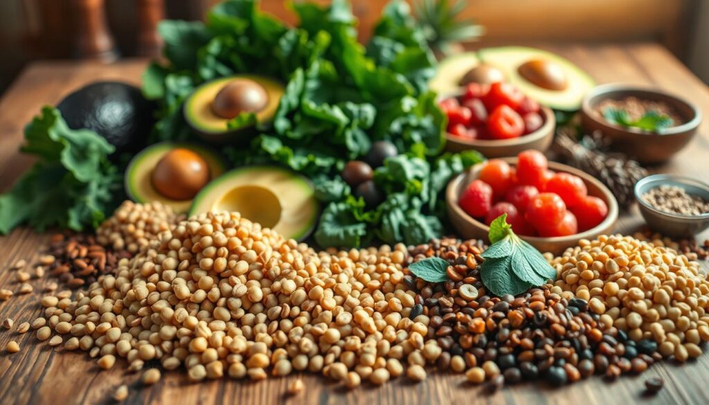 A vibrant and colorful display of phytoestrogen-rich foods arranged artistically on a rustic wooden table. In the foreground, fresh soybeans, flaxseeds, chickpeas, and lentils are artfully scattered, showcasing their rich textures. In the middle ground, a gracefully stacked arrangement of deep green leafy vegetables, including kale and spinach, complemented by ripe avocados and berries, adds a burst of color. In the background, soft-focus elements like herbs and spices subtly enhance the atmosphere. Natural, warm lighting bathes the scene, casting gentle shadows that evoke a fresh and wholesome feel. The image should have a close-up perspective with a slight overhead angle, inviting the viewer to explore the variety and health benefits of these nutrient-dense foods.