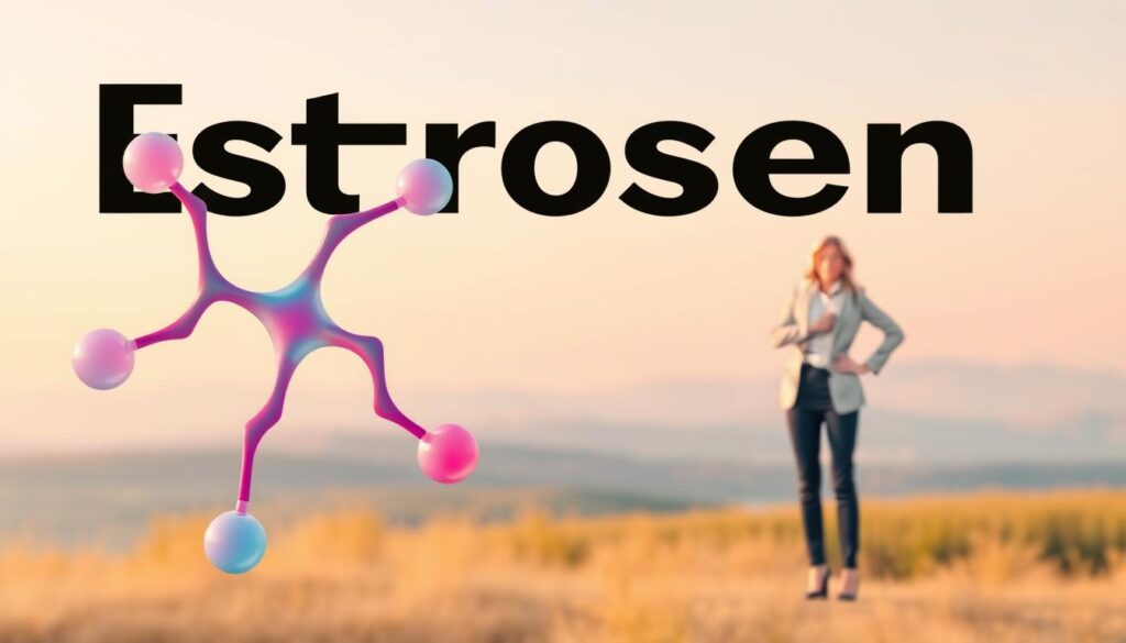 A vibrant and informative illustration depicting the concept of estrogen levels. In the foreground, a stylized representation of the hormone estrogen can be visualized as an abstract molecular structure intertwining with soft, flowing shapes, symbolizing balance and vitality. The middle ground features a serene, slightly blurred image of a confident, middle-aged woman in professional business attire, standing in a relaxed pose, conveying strength and health. This figure embodies empowerment and well-being. In the background, a soothing landscape with gentle pastel colors suggests a tranquil atmosphere, evoking a sense of stability and positivity. The lighting is soft and natural, reminiscent of early morning light, enhancing the warm and encouraging mood of the scene. The composition emphasizes a harmonious understanding of estrogen changes after 40 without any text or distractions.