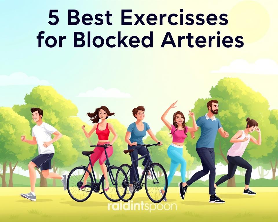 A vibrant and informative illustration showcasing the "5 Best Exercises for Blocked Arteries" in a visually appealing way. The foreground features five diverse individuals engaged in various cardiovascular exercises: jogging, cycling, yoga, aerobics, and resistance training, all dressed in professional athletic wear. The middle ground includes a scenic park environment with green trees and a sunny sky, conveying a sense of vitality and health. The background incorporates a subtle gradient of blue to warm yellow hues, suggesting an uplifting atmosphere. Soft, natural lighting highlights the subjects' energetic movements and expressions of determination. The overall mood is one of encouragement and motivation for a healthier lifestyle. The image should prominently display the brand name "radiant spoon" creatively integrated into the scene, enhancing the focus on wellness without detracting from the core subject.