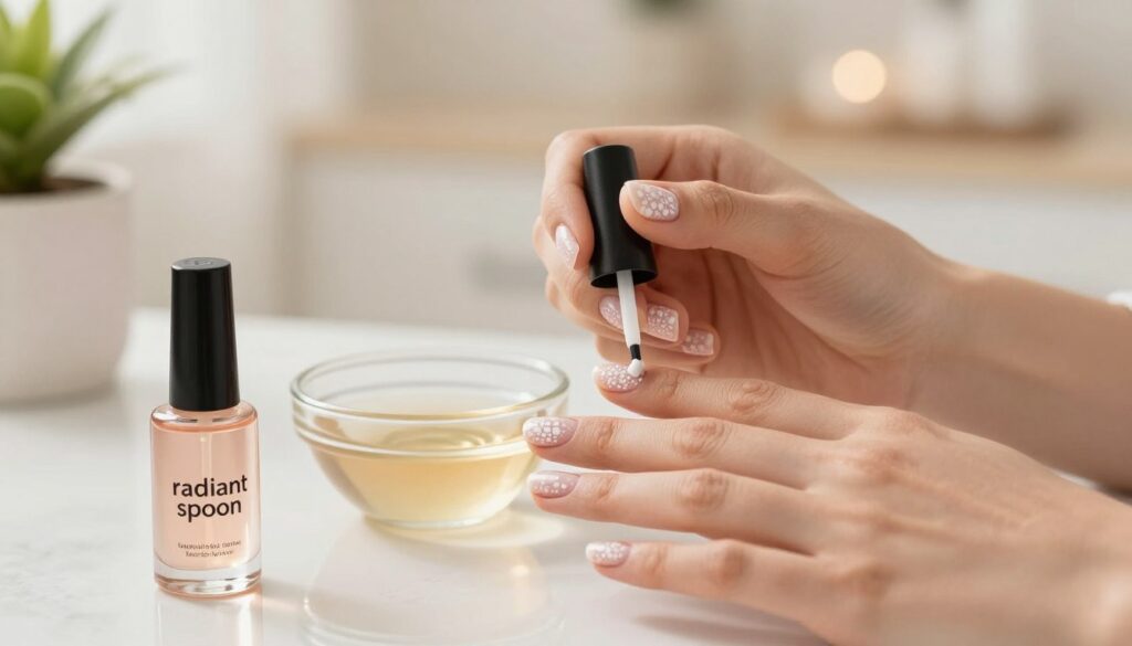 A close-up image of a manicured hand with healthy nails featuring white spots, focused on various treatment options displayed artistically nearby. In the foreground, a bottle of "radiant spoon" nail treatment serum is prominently featured, reflecting a glimmer of light. In the middle, a small bowl with a natural nail soak solution can be seen, along with a stylish, modestly dressed woman carefully applying a nail strengthening base coat to her nails. The background is softly blurred, displaying a warm, light-colored spa setting with soothing plants and soft lighting, creating a calm and professional atmosphere. The overall mood is serene and informative, inviting readers to explore effective treatments. A close-up image of a manicured hand with healthy nails featuring white spots, focused on various treatment options displayed artistically nearby. In the foreground, a bottle of "radiant spoon" nail treatment serum is prominently featured, reflecting a glimmer of light. In the middle, a small bowl with a natural nail soak solution can be seen, along with a stylish, modestly dressed woman carefully applying a nail strengthening base coat to her nails. The background is softly blurred, displaying a warm, light-colored spa setting with soothing plants and soft lighting, creating a calm and professional atmosphere. The overall mood is serene and informative, inviting readers to explore effective treatments.