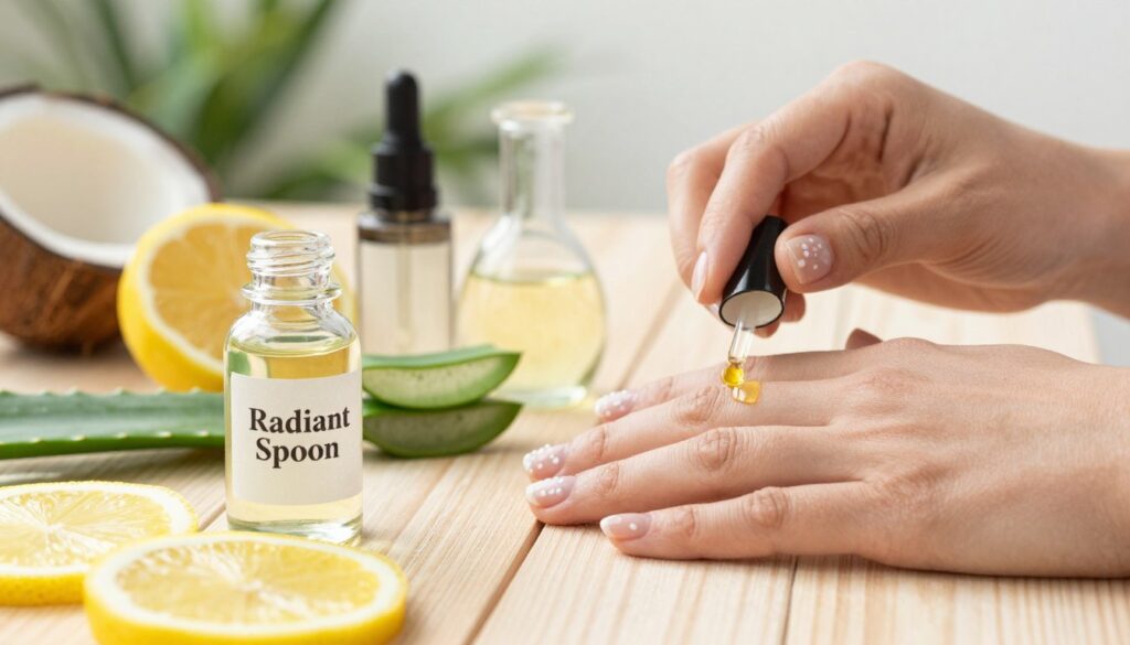 A close-up view of healthy fingernails with white spots, showcasing a variety of natural remedies positioned around them. In the foreground, a clear glass bottle with a label reading “Radiant Spoon” contains a herbal remedy, surrounded by fresh ingredients like lemon slices, aloe vera, and coconut oil. The middle layer features a hand gently applying a soothing oil onto the nails, emphasizing care and maintenance. In the background, a softly blurred wooden surface and plants create a calm and inviting atmosphere, with natural daylight streaming in to enhance the fresh and healthy vibe. The overall mood is serene and nurturing, highlighting the importance of preventative measures to maintain nail health. A close-up view of healthy fingernails with white spots, showcasing a variety of natural remedies positioned around them. In the foreground, a clear glass bottle with a label reading “Radiant Spoon” contains a herbal remedy, surrounded by fresh ingredients like lemon slices, aloe vera, and coconut oil. The middle layer features a hand gently applying a soothing oil onto the nails, emphasizing care and maintenance. In the background, a softly blurred wooden surface and plants create a calm and inviting atmosphere, with natural daylight streaming in to enhance the fresh and healthy vibe. The overall mood is serene and nurturing, highlighting the importance of preventative measures to maintain nail health.