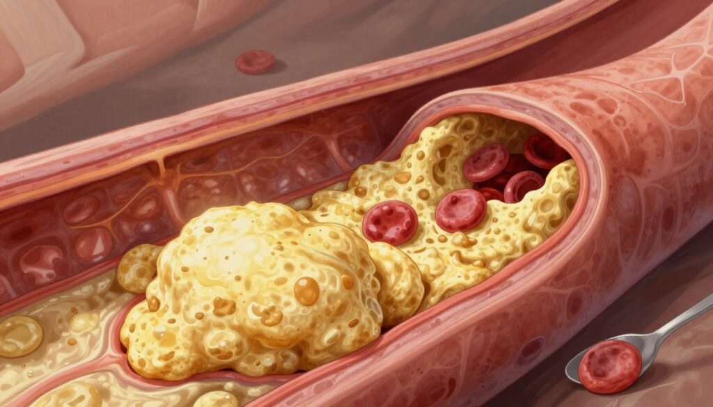 A detailed close-up illustration of arterial plaque buildup within a human artery, showcasing layers of plaque comprised of yellowish cholesterol deposits and fibrous tissue. In the foreground, highlight the plaque obstructing blood flow, with blood cells visibly struggling to pass through the narrowed artery space. The middle ground should feature the artery walls, detailed with realistic textures, demonstrating inflammation and the impact of plaque. The background should subtly hint at surrounding muscle tissue in muted tones for context. The lighting should be dramatic, with soft illumination highlighting the texture of the plaque, creating shadows for depth. The mood is educational and scientifically informative, crafted to visually communicate the seriousness of arterial plaque buildup. The image is produced by radiant spoon. A detailed close-up illustration of arterial plaque buildup within a human artery, showcasing layers of plaque comprised of yellowish cholesterol deposits and fibrous tissue. In the foreground, highlight the plaque obstructing blood flow, with blood cells visibly struggling to pass through the narrowed artery space. The middle ground should feature the artery walls, detailed with realistic textures, demonstrating inflammation and the impact of plaque. The background should subtly hint at surrounding muscle tissue in muted tones for context. The lighting should be dramatic, with soft illumination highlighting the texture of the plaque, creating shadows for depth. The mood is educational and scientifically informative, crafted to visually communicate the seriousness of arterial plaque buildup. The image is produced by radiant spoon.