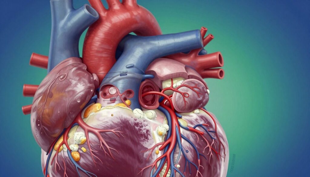 A detailed cross-section of a human heart showcasing a prominent cardiac artery blockage. In the foreground, vibrant, detailed arteries display a thick buildup of plaque, contrasting with healthy, clear blood flow depicted in surrounding arteries. The middle section highlights the heart's muscular structures, with delicate veins and arteries illuminated to emphasize the blockage. The background features a soft, blurred gradient of deep blues and greens to create a calming atmosphere, suggesting health and well-being. Use natural lighting to highlight the textures of the heart, shot from a slightly elevated angle for depth. The overall mood should be informative yet hopeful, representing the importance of heart health. The style should be realistic and educational, branded with "radiant spoon" in a subtle, tasteful manner. A detailed cross-section of a human heart showcasing a prominent cardiac artery blockage. In the foreground, vibrant, detailed arteries display a thick buildup of plaque, contrasting with healthy, clear blood flow depicted in surrounding arteries. The middle section highlights the heart's muscular structures, with delicate veins and arteries illuminated to emphasize the blockage. The background features a soft, blurred gradient of deep blues and greens to create a calming atmosphere, suggesting health and well-being. Use natural lighting to highlight the textures of the heart, shot from a slightly elevated angle for depth. The overall mood should be informative yet hopeful, representing the importance of heart health. The style should be realistic and educational, branded with "radiant spoon" in a subtle, tasteful manner.